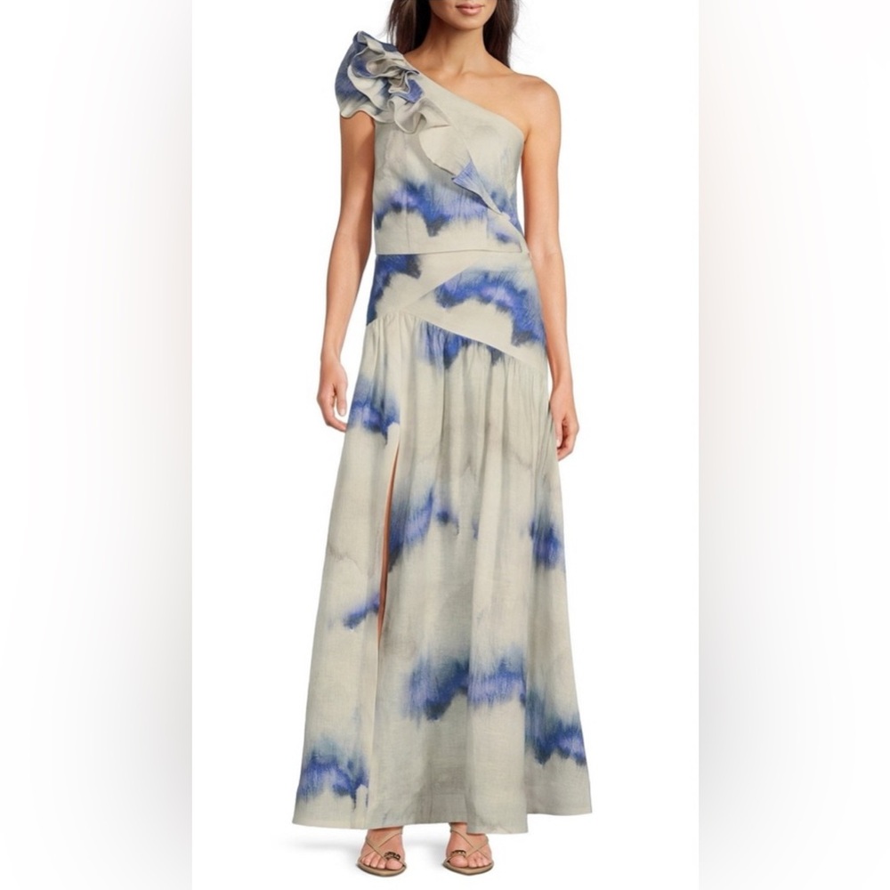 Marchesa Cream and Blue One-Shoulder Tie-Dye Skirt Set